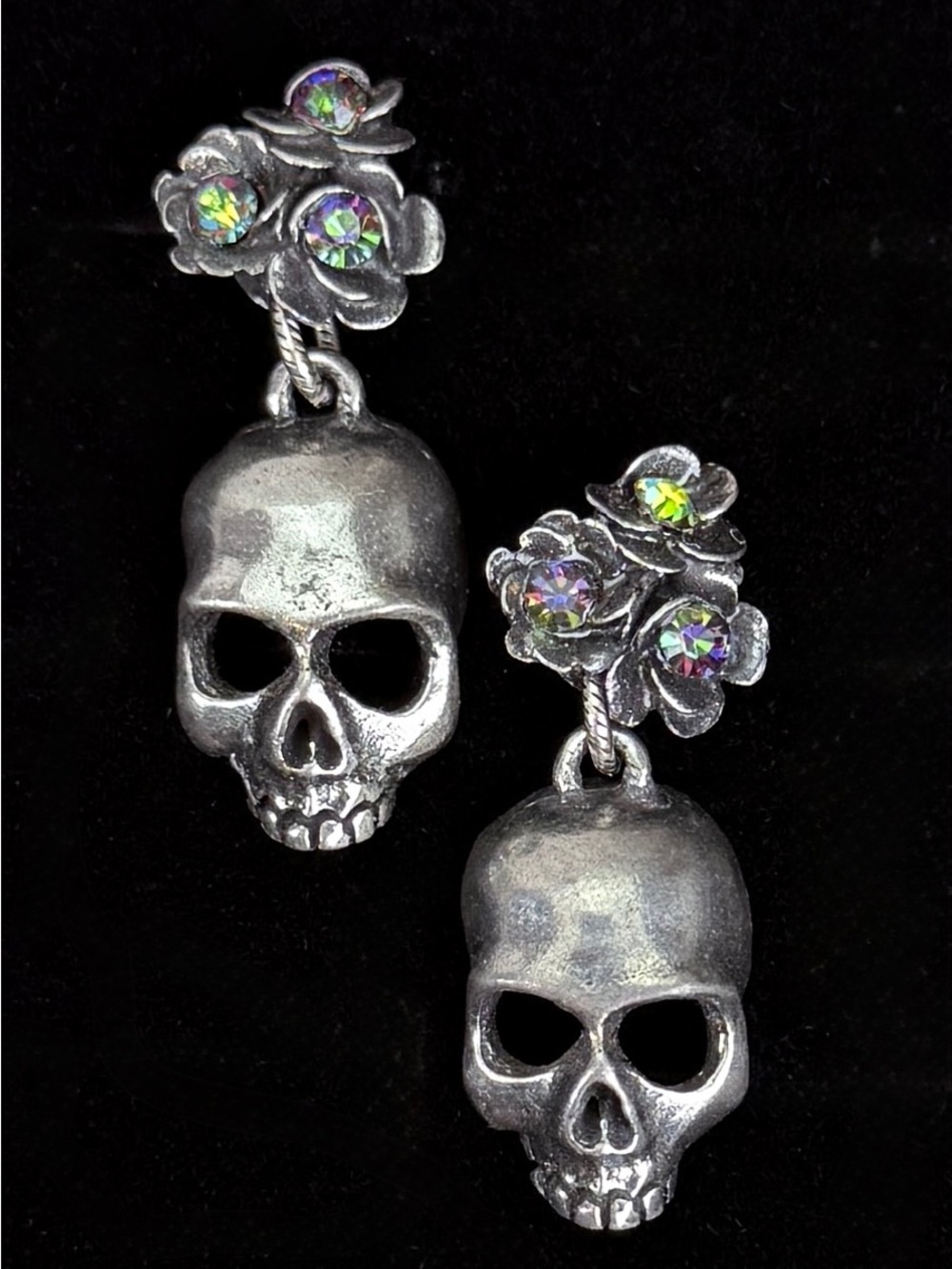 Aged Silvertone Skull Pieced Earrings with Green Floral Accents